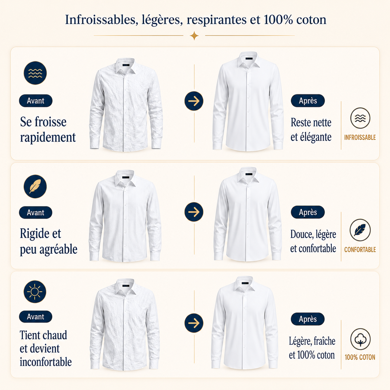 Pack de 3 Chemises Infroissables 100% coton - L'Élégance Sans Effort !