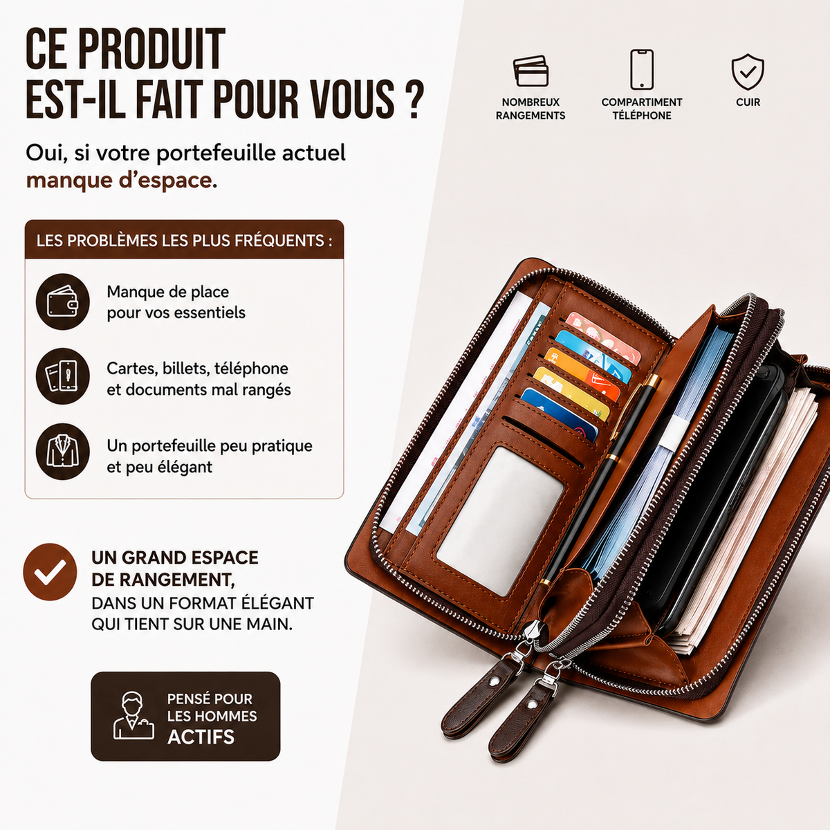 Portefeuille d'affaire 100% Cuir pour Hommes actifs : WATERPROOF
