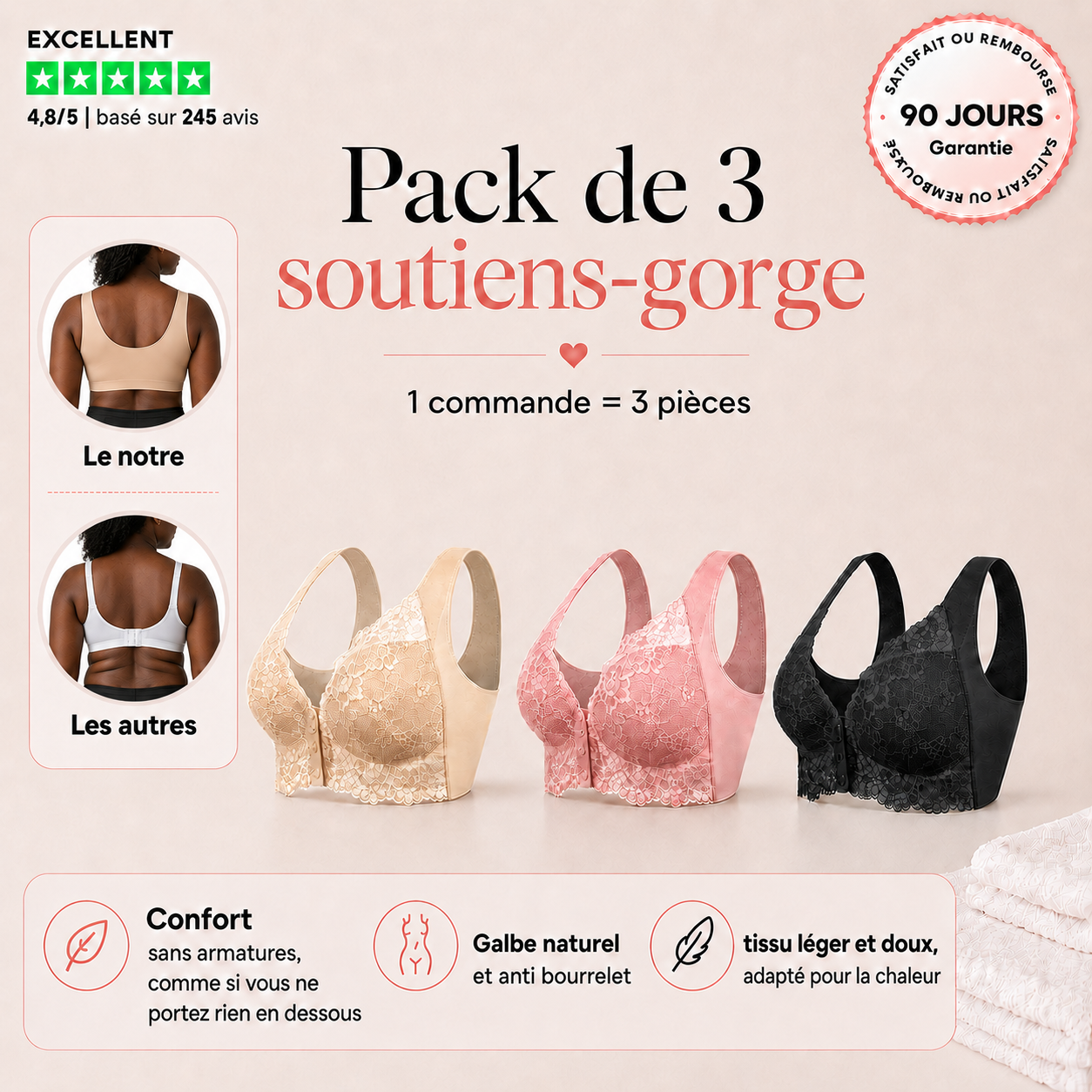 🎀(PACK DE 3) Soutiens-gorges anti bourrelets Sans Fil Galbant Avec Fermeture Frontale