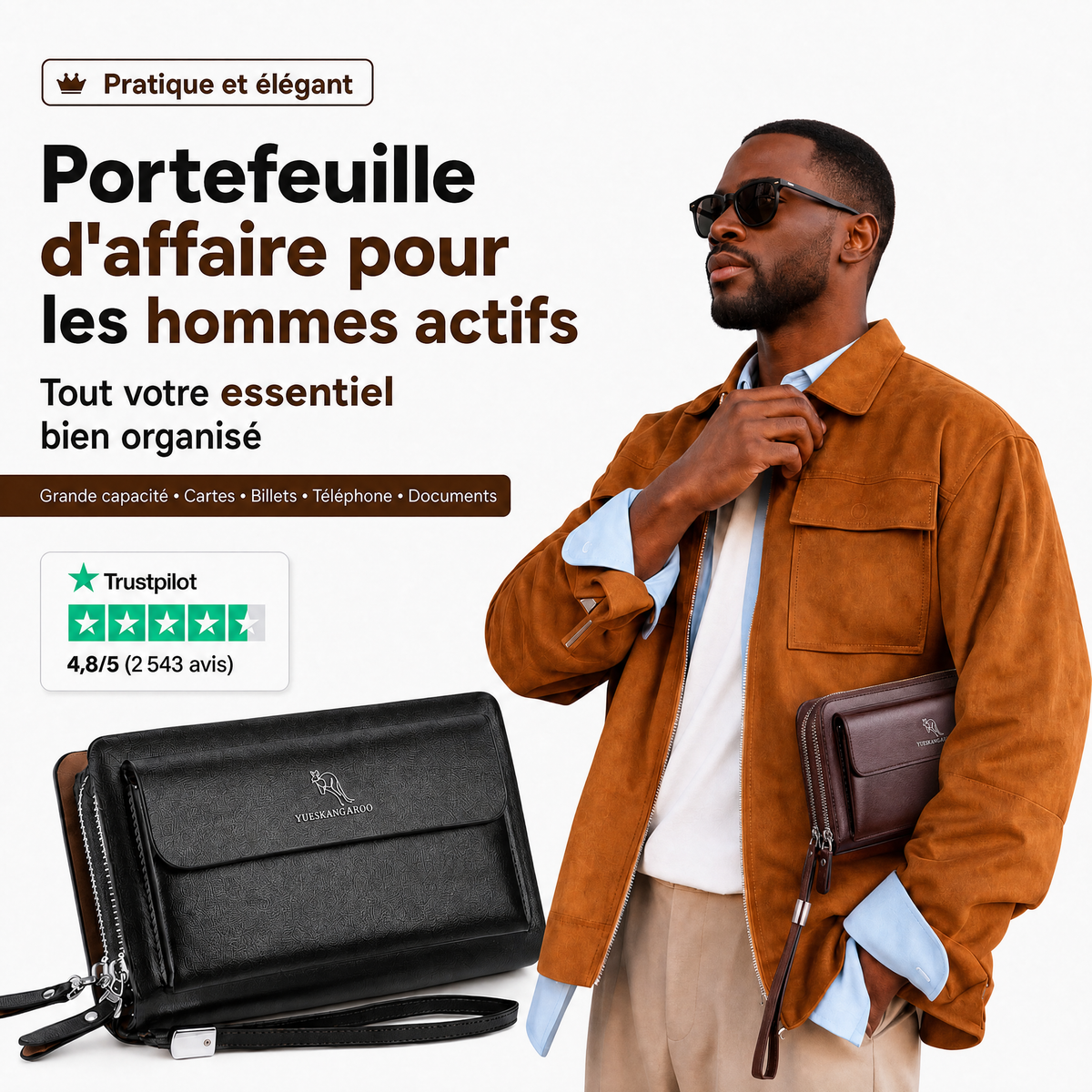 Portefeuille d'affaire 100% Cuir pour Hommes actifs : WATERPROOF